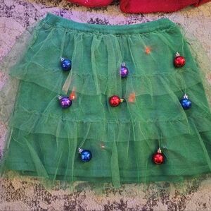Festive Christmas/Holiday Green Tulle Skirt with Lights & Ornaments Size Medium